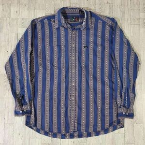 Men's HIS Western Blue Grey Striped Cowboy Button Down Shirt Size L